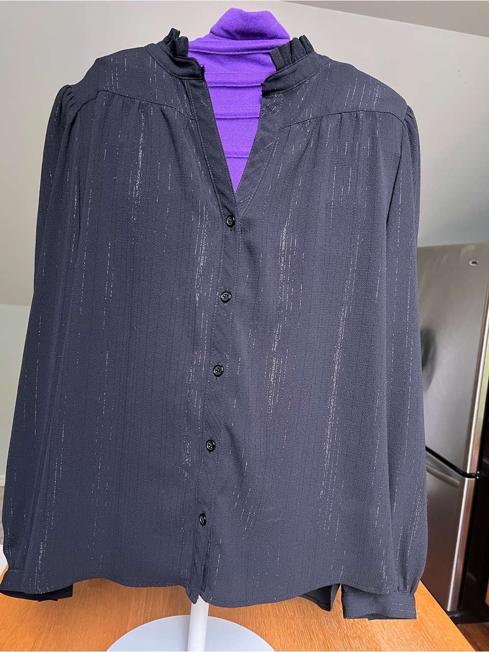 DKNY Black Metallic sheer/shimmery Button-Front Blouse